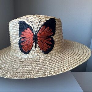 Straw Hat with Black and Orange Butterfly Design